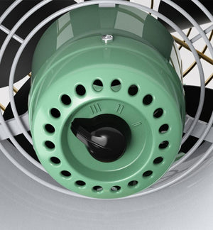 Close up of a green retro style fan motor housing with a black speed control knob