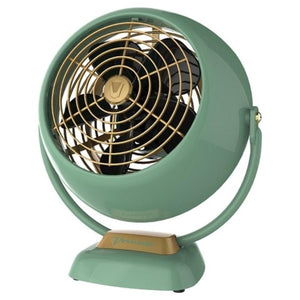 Vornado VFAN vintage style green table fan with gold metal grille and black blades