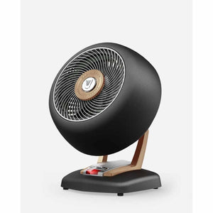 Vornado black and wood finish whole room heater on a stand