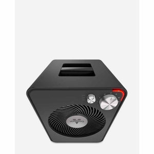 Vornado black space heater with silver control dials and red indicator light