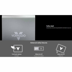 Vornado heater showing stainless steel construction and safety features including cool touch and auto shut off