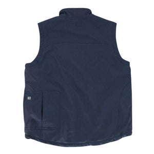 Back view of a navy DeWalt work vest with a side pocket