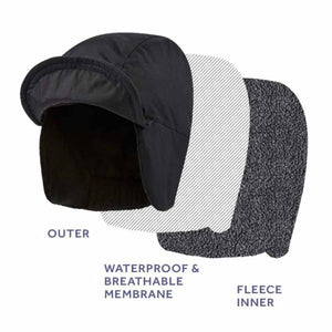 SealSkinz cap showing three layers including outer shell waterproof breathable membrane and fleece inner lining