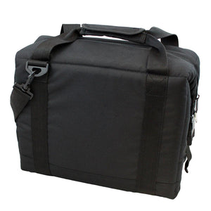 Black rectangular soft sided cooler bag with top handles and shoulder strap