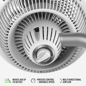 Vornado fan head with variable speed control dial and airflow performance icons