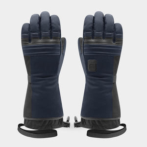 Pair of navy blue insulated winter gloves with black leather accents and adjustable wrist straps