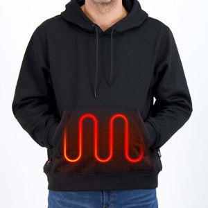 Mobile Warming black hooded sweatshirt with glowing red heating element graphic on the front pocket