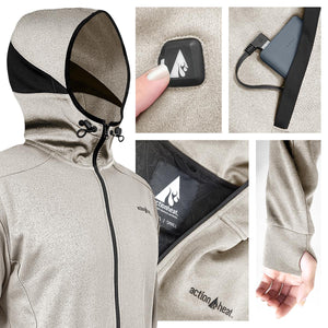 ActionHeat hooded jacket showing power button battery connection and thumbhole cuffs