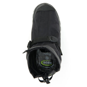 Top view of black Neos overshoe with adjustable strap and interior branding