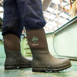 Person wearing brown Muck Chore Cool rubber boots with dark blue work pants