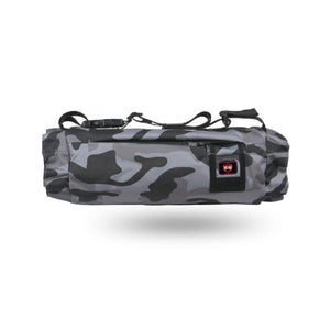 G-Tech grey camouflage hand warmer muff with adjustable strap and front zippered pocket
