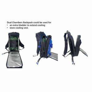 Dual chamber backpack showing internal storage for hydration bladders and cooling vests