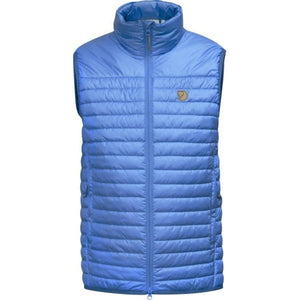 FjallRaven blue quilted puffer vest with high collar and front zipper