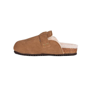 Cloud Nine Sheepskin tan suede mule slipper with cork midsole and shearling lining