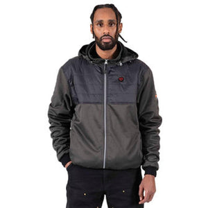 Man wearing a two tone Pioneer hooded jacket with quilted upper chest