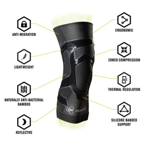 DonJoy knee brace with feature callouts for anti-migration, ergonomic design, compression, and bamboo material
