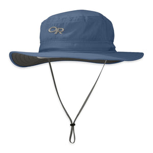 Outdoor Research blue sun hat with wide brim and adjustable chin strap