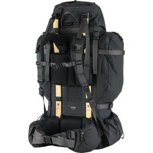 Back view of black FjallRaven Kajka 65 backpack showing wooden frame and adjustable straps