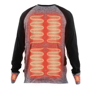 Back view of a grey and black long sleeve shirt with glowing red heating elements on the back and cuffs