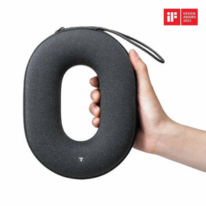 Hand holding a Torras oval shaped carrying case with an iF Design Award 2023 logo