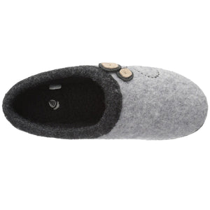Acorn grey felt slipper with black lining and decorative button details