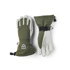 Hestra olive green and light grey leather ski gloves with adjustable wrist straps
