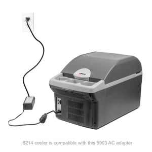 Wagan Tech 6214 cooler connected to a 9903 AC adapter plugged into a wall outlet