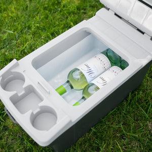 Two wine bottles inside an open portable cooler on green grass