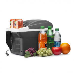 Wagan portable electric cooler filled with assorted beverages and fresh fruit