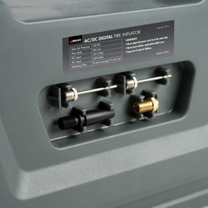 Wagan AC DC digital tire inflator specifications label and nozzle storage compartment