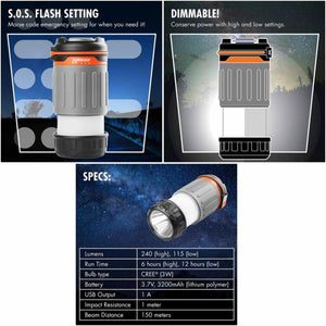 Wagan lantern showing SOS flash setting dimmable light levels and technical specifications table