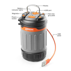 Wagan Tech portable lantern with labeled features including hooks, USB port, magnets, power button, and USB cable