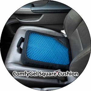 Wagan ComfyGel square blue honeycomb gel seat cushion on a car seat