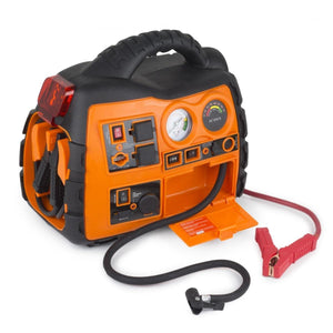 Portable orange and black jump starter with air compressor and power outlets