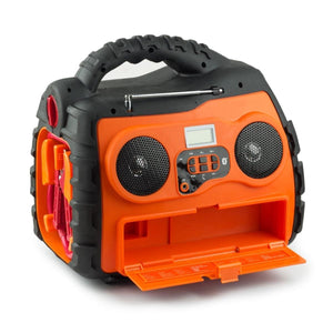 Orange and black portable jump starter with built in radio and speakers