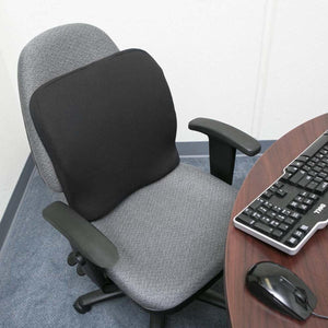 Black lumbar support cushion attached to a grey office chair