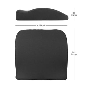 Top and side view of a dark grey seat cushion with dimensions labeled as 16.2 inches by 16.2 inches by 3.8 inches
