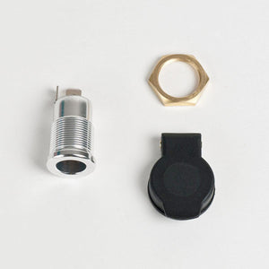 Warm and Safe panel mount power socket with brass nut and black rubber cover