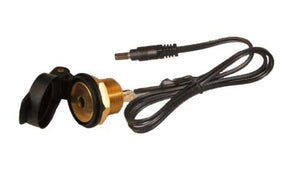 Warm and Safe panel mount coaxial power socket with black protective cap and attached wire lead