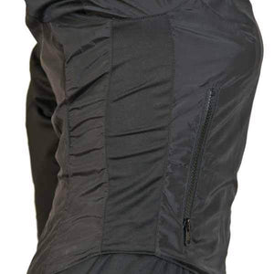Side view of black Warm and Safe heated jacket with zippered pocket