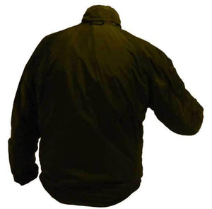 Back view of a dark green Warm and Safe jacket