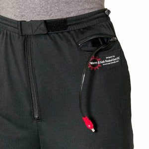Black Warm and Safe Heated Gear pants with power cable extending from zippered pocket