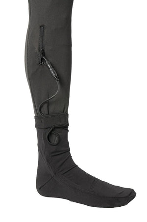 Black heated sock with external battery connection cable and zipper pocket