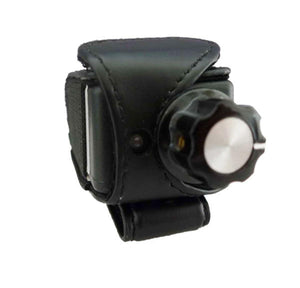 Black leather strap mount with a circular adjustment knob and silver center