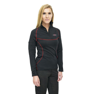 Woman wearing a black quarter zip pullover with red stitching and Horse Club logo
