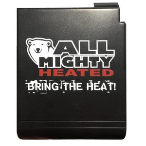 Black rectangular battery pack with All Mighty Heated logo and polar bear graphic