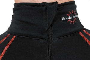 Close up of black Warm and Safe Heated Gear shirt collar with red stitching