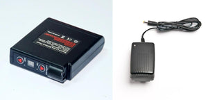 Black smart lithium ion battery pack with power buttons and matching wall charger