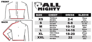 All Mighty size chart showing chest dress and sleeve measurements for sizes XS to XXL