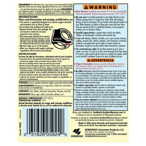 Grabber toe warmer packaging with instructions and safety warnings in English and Spanish